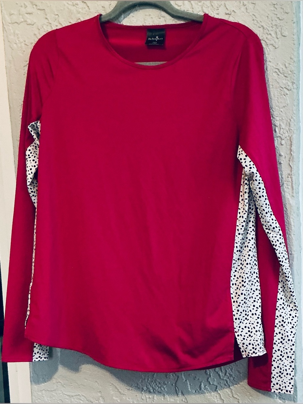 Belyn Key Hot Pink Long Sleeve Top with White Dot Contrast Panels (NWOT)